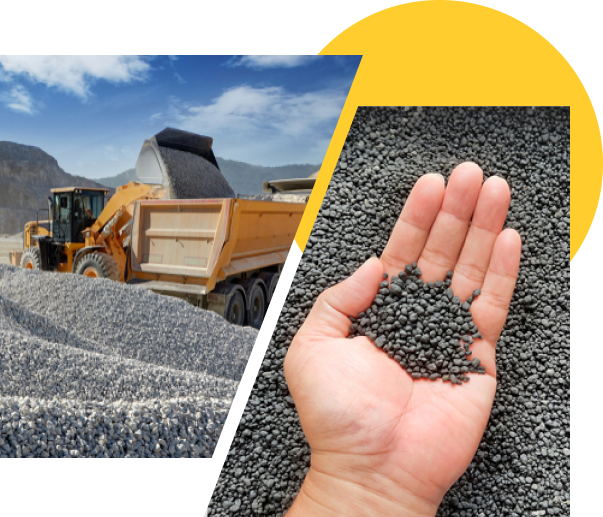Dump truck unloading gravel and hand holding pellets