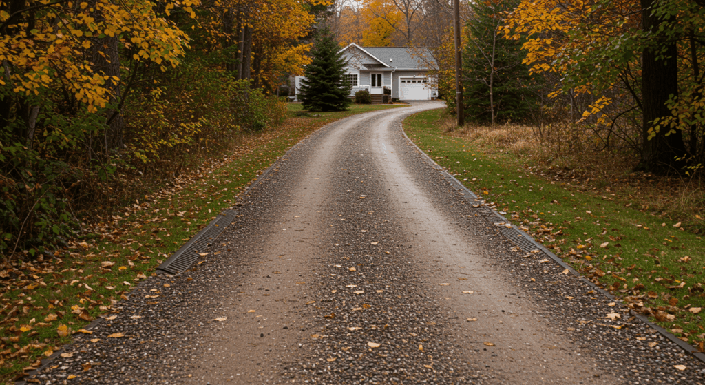 Gravel driveway with leaves nearby, cleaned drainage ditches along driveway edges, surface evenly graded before winter, autumn colors, overcast natural lighting, realistic residential setting