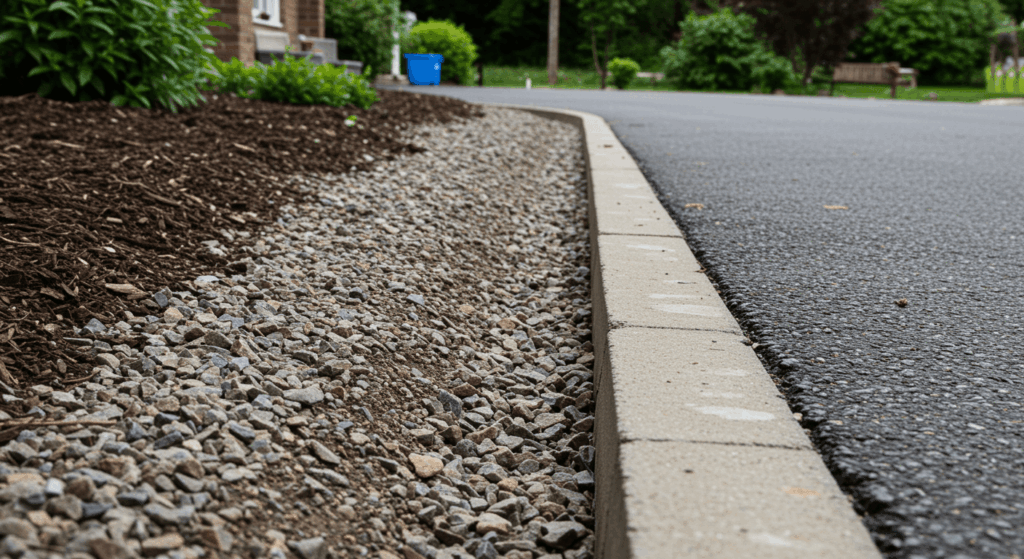 Photo of gravel drainage installed along driveway edge, crushed stone channel guiding water away from pavement, residential driveway, clean install, no decorative rock, natural tones