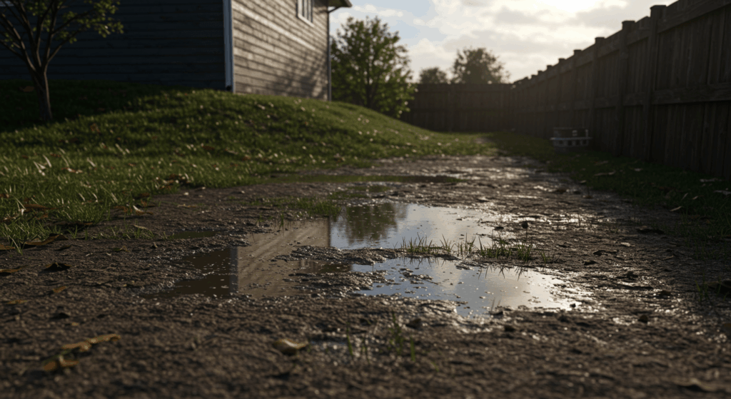Realistic photo of standing water pooling in a yard after rain, compacted soil, muddy surface, slight slope toward house, overcast lighting, natural suburban environment, no people