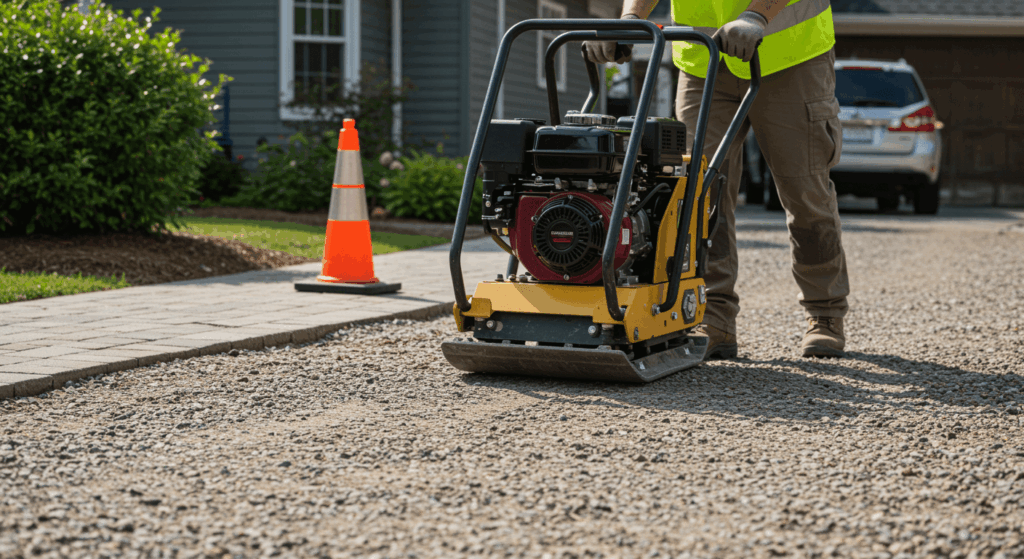 A realistic photograph of a construction worker operating a plate compactor on a gravel driveway, crushed gravel beneath the machine, residential environment, neutral tones, no branding, natural daylight