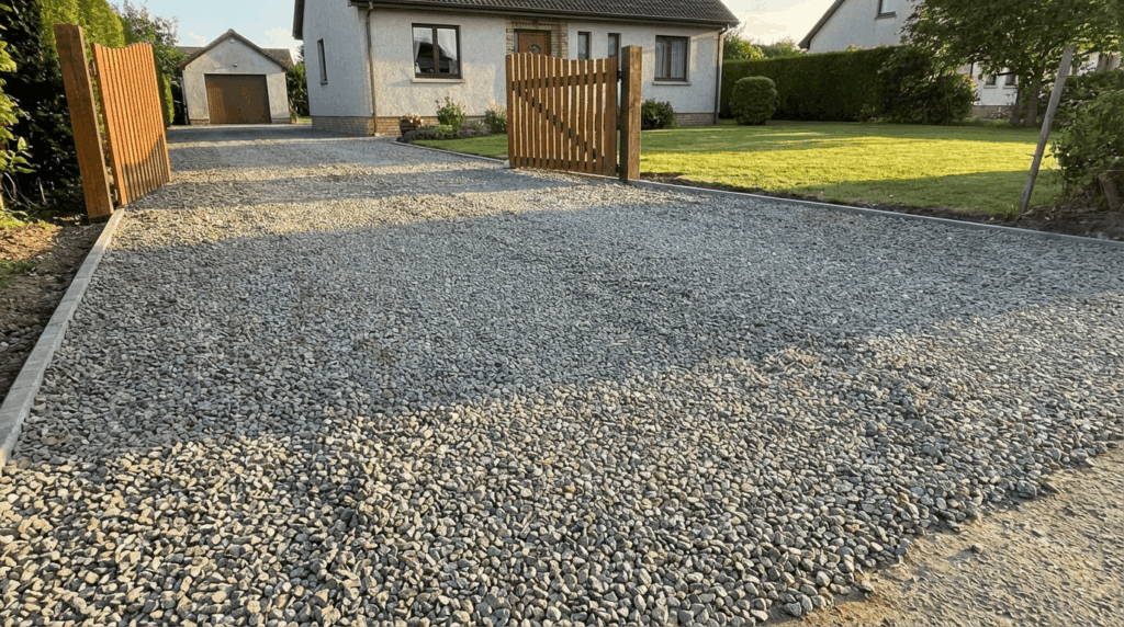Newly installed gravel driveway with clean surface texture, no tire marks yet, uniform stone distribution, residential property entrance, realistic lighting, no people or equipment