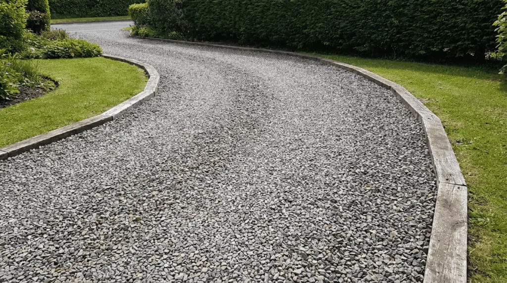 Curved gravel driveway section showing no outward stone migration, proper edging and compaction evident, angular gravel locked in place, mid-distance shot, natural light