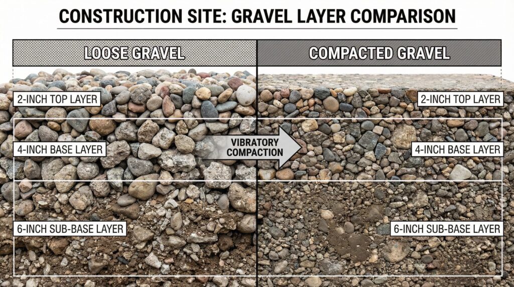 Side cutaway view of gravel layers showing 2-inch, 4-inch, and 6-inch depths, labeled layers, compacted vs loose gravel comparison, educational construction-style image, realistic textures