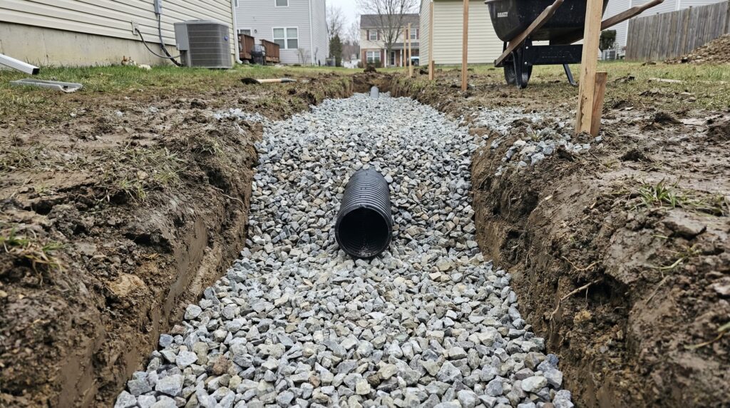 French drain trench filled with clean drainage gravel, visible trench depth and width, pipe partially visible, realistic construction photo, no people