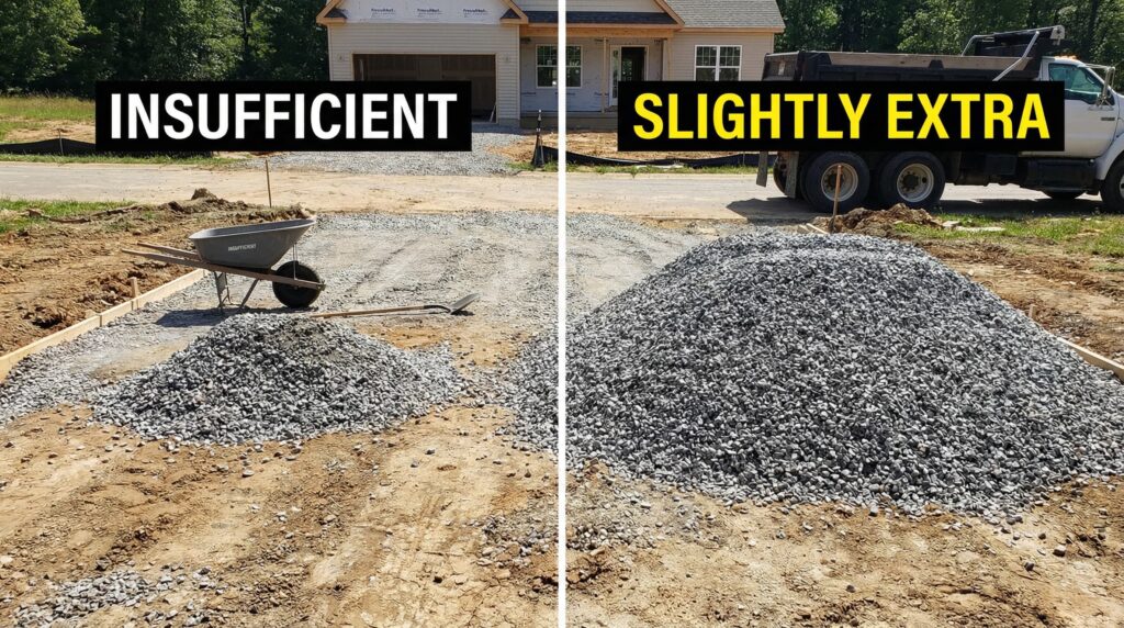 Two side-by-side gravel piles, one clearly insufficient and one slightly extra, driveway installation context, realistic lighting, instructional comparison image