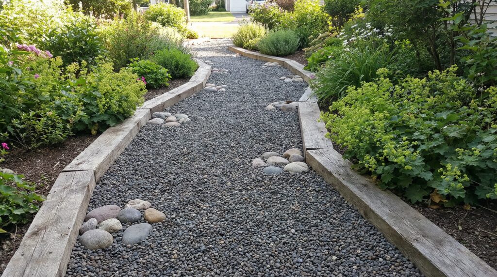 Garden walkway covered with pea gravel, rounded stones, visible edging, consistent depth, natural daylight, realistic landscaping photo
