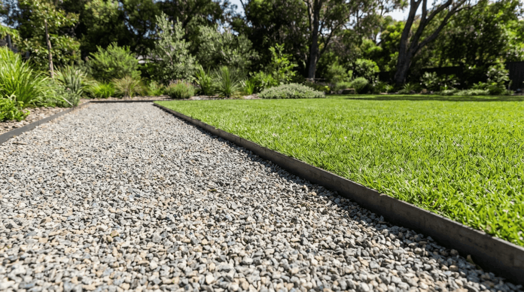 Ultra-realistic image of a gravel walkway bordered with metal or stone edging, sharp clean line between gravel and lawn, no soil spillover, weed-free edges, bright daylight, professional landscape finish