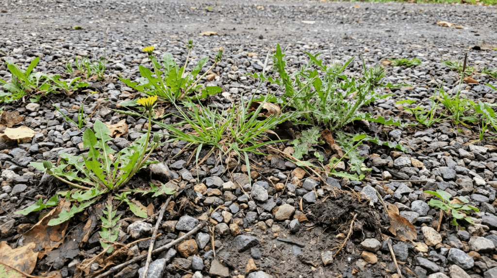Close-up realistic photo of weeds growing through gravel due to exposed soil and organic debris, shallow gravel layer, visible dirt between stones, neglected driveway edge, natural lighting, documentary style, high detail, imperfect real-world conditions