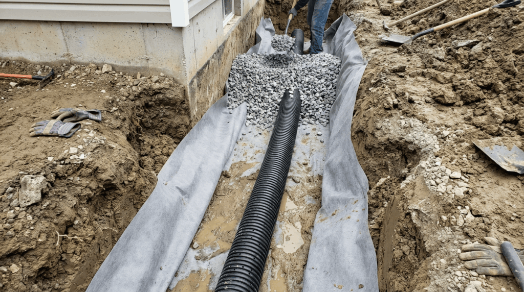 French drain installation beside a house foundation: trench lined with geotextile fabric, perforated pipe centered, filled with clean drain rock. Soil walls visible, realistic construction detail, no staged elements, daylight, documentary photography style.