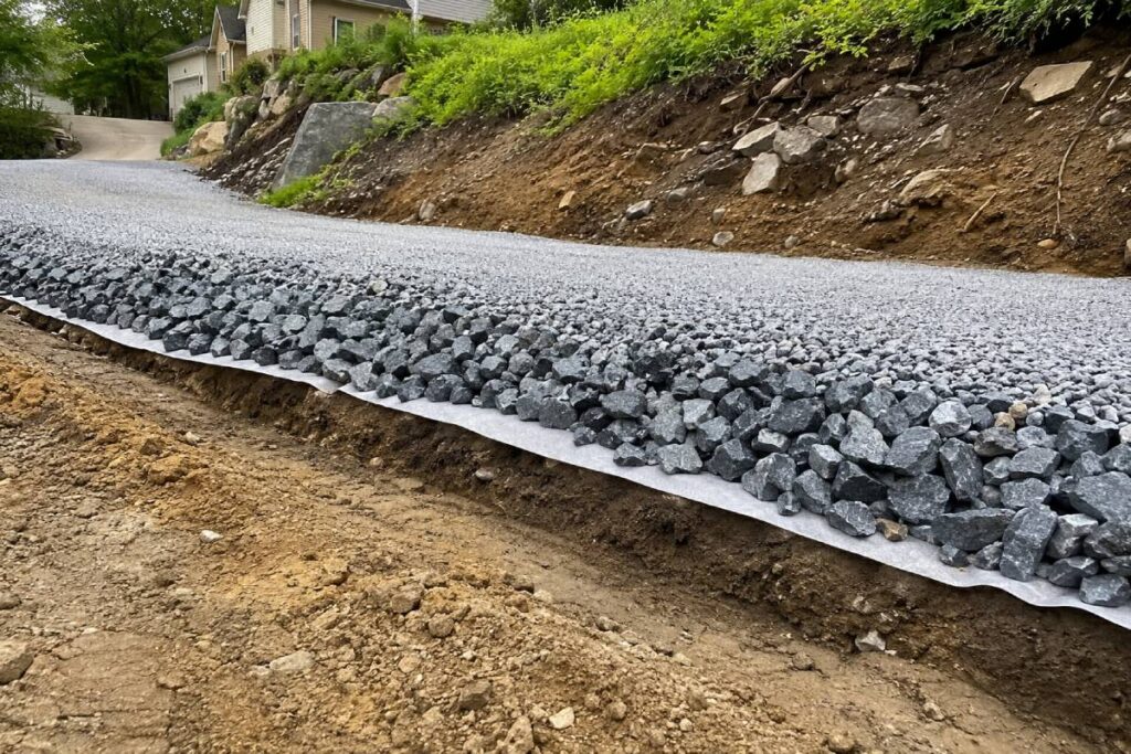 Layered gravel driveway under construction