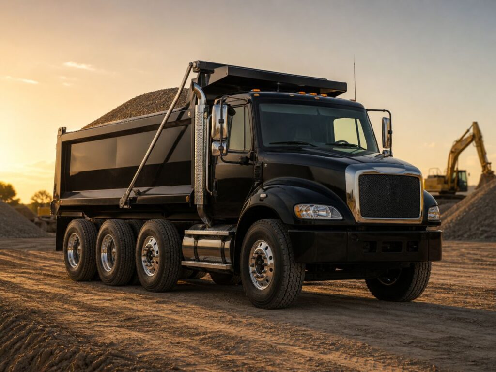 Loaded tri-axle dump truck on construction site lot
