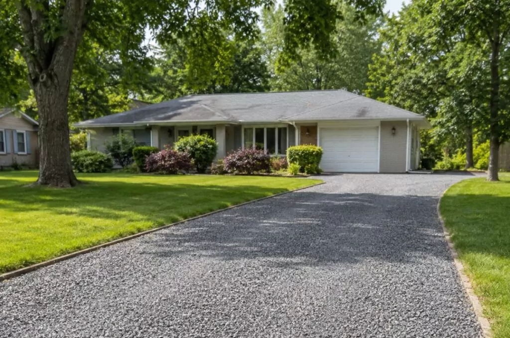 The driveway surface is made of compacted angular crushed gravel