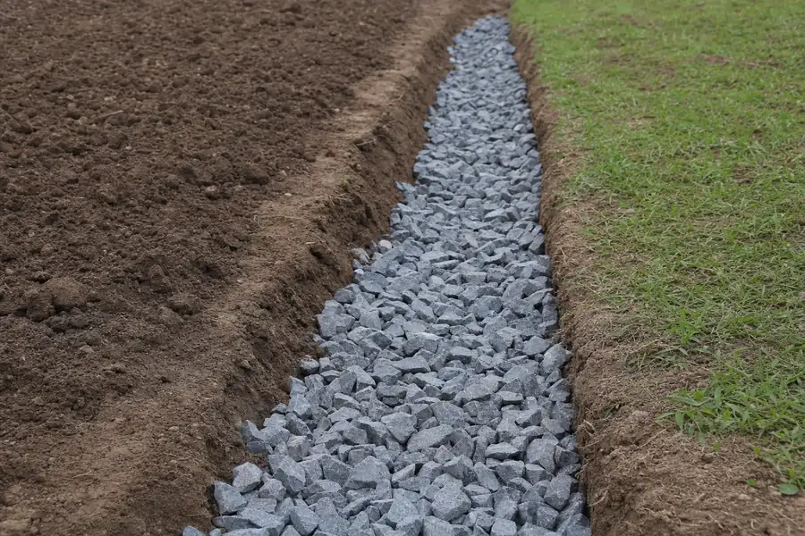 Angular 57 stone spread loose along a French drain trench for drainage