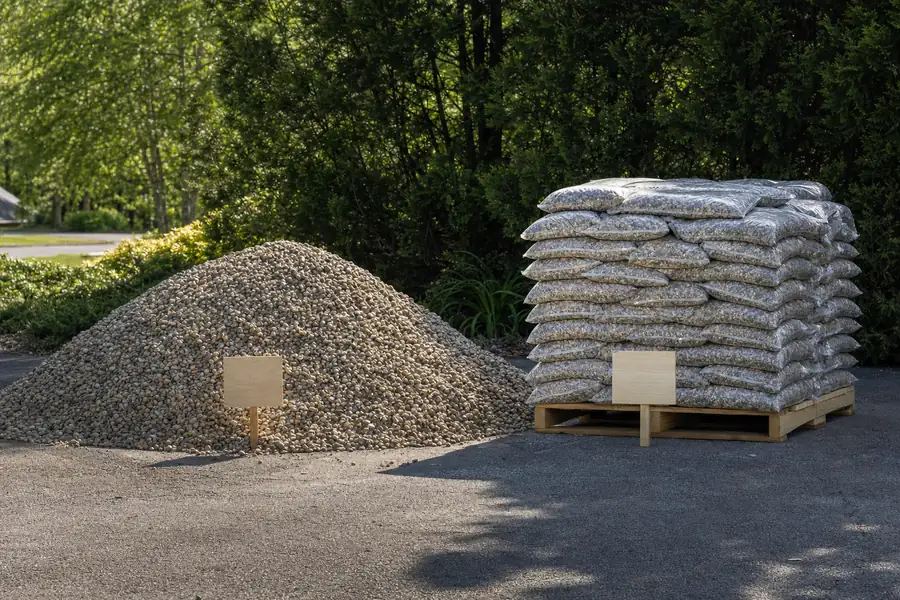 Comparison photo staged on a driveway: a delivered bulk pile of pea gravel roughly one cubic yard tall next to a neat but clearly outmatched stack of fifty-plus small retail bags on a wooden pallet, a handwritten-style price tag stake in front of each (no readable text needed), bright afternoon sun, the volume-for-money story told in a single glance