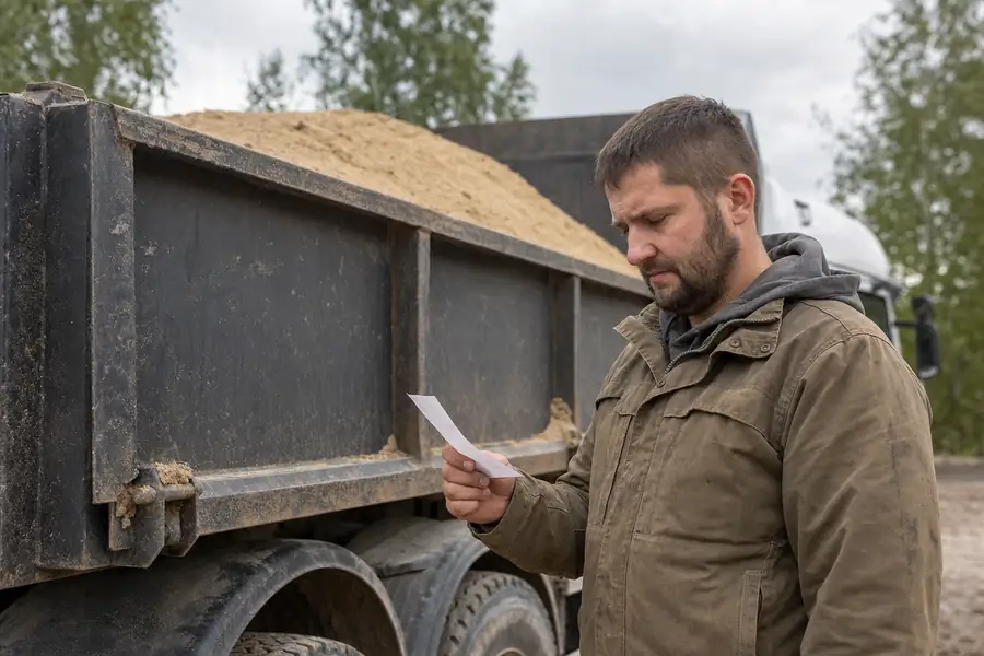 Contractor checking a sand delivery weight ticket next to a loaded truck