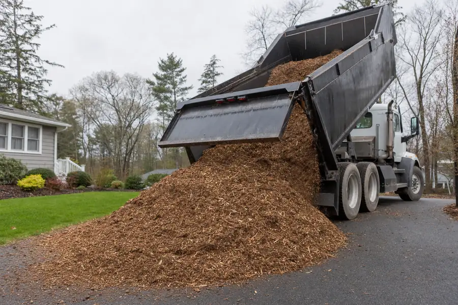 Dump truck unloading bulk shredded hardwood mulch pile onto a residential driveway
