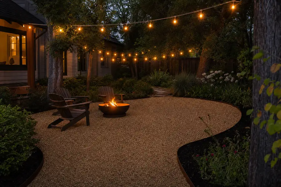 Lifestyle photo of a finished pea gravel patio at dusk: warm string lights zigzagging above two Adirondack chairs and a small fire bowl, the raked pea gravel surface glowing amber where the light falls, corten steel edging holding a crisp boundary against dark planting beds, cozy magazine-quality composition that sells the end result