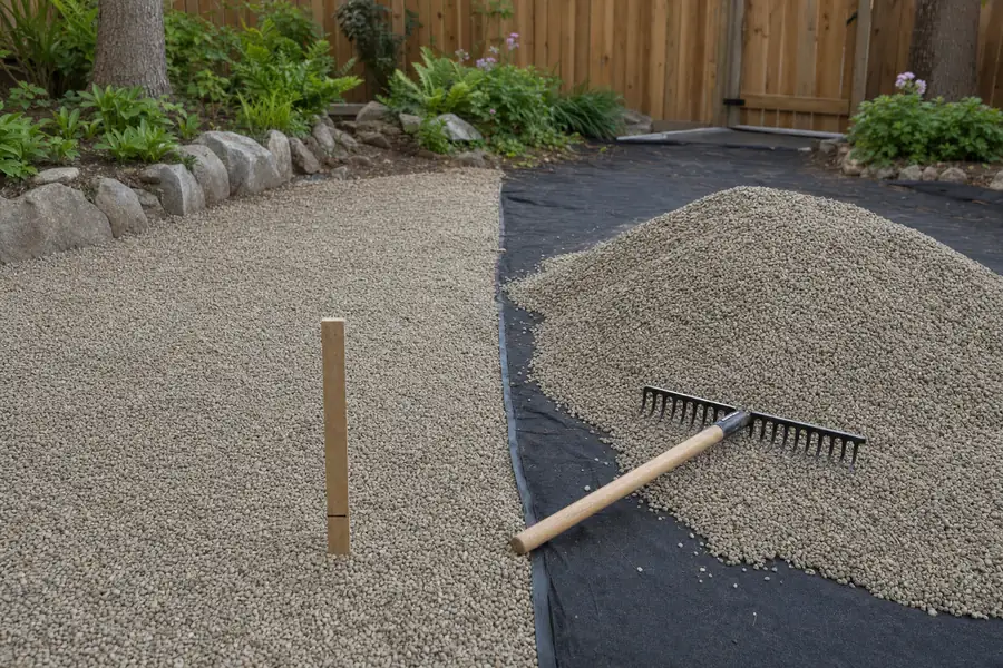 Neat backyard scene photo showing one yard of pea gravel half-spread: the left portion of a fabric-lined path already raked smooth at three inches deep with a depth stick showing the mark, the remaining cone-shaped pile and a landscape rake on the right, morning light with long soft shadows, clear visual of how far one yard actually goes