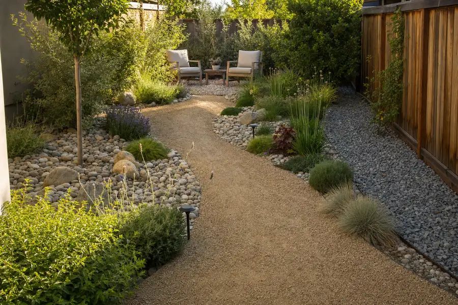 Sun-drenched backyard landscape photo showcasing multiple gravel types working together: a golden decomposed granite path curving between beds mulched with river rock, a pea gravel seating nook with two chairs, and a crushed stone utility strip along the fence, layered planting of grasses and lavender, warm late-afternoon light, aspirational but realistic garden design