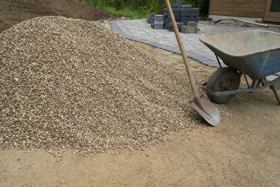 Ton of pea gravel piled beside a patio project with a shovel and wheelbarrow
