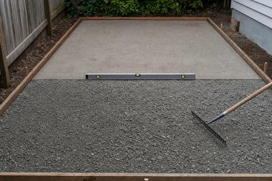 Before-and-after style photo of a shed pad build: the near half showing loose crusher run just raked out, the far half compacted smooth and hard with a timber frame border, a level and rake laid across the boundary, even making the surface texture difference obvious