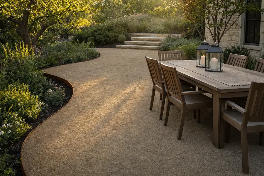 Golden-hour photo of a finished decomposed granite patio in warm buff tones: clean corten steel edging holding a crisp curve against deep green planting, a wooden dining table with linen runner and two lit lanterns on the perfectly compacted DG surface, long soft shadows, high-end landscape-magazine composition that still looks achievable