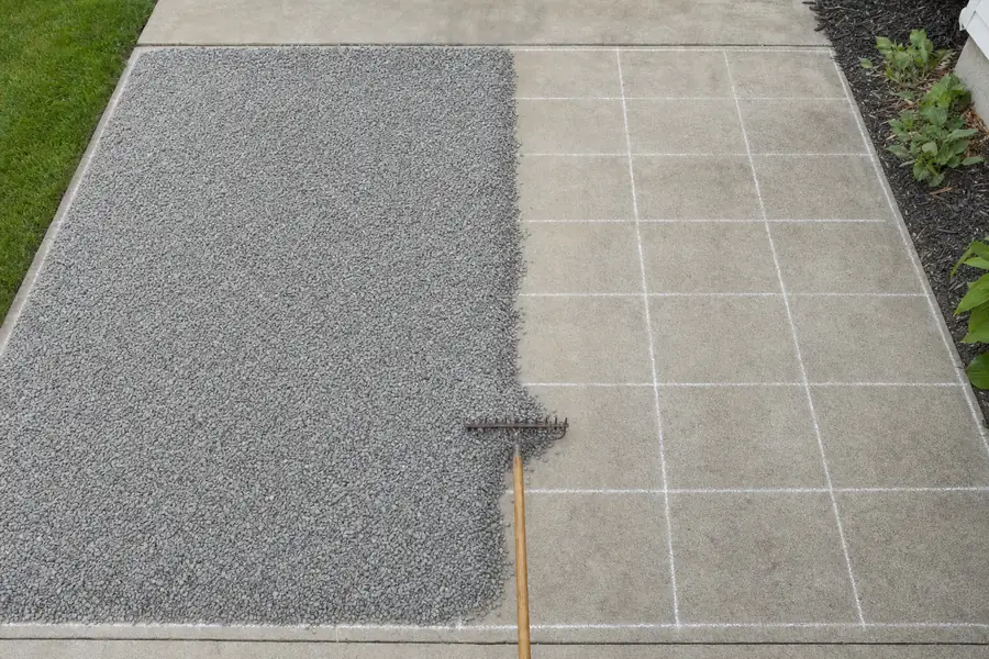 Overhead instructional photo of exactly one ton of 3/4-inch gravel spread at two inches deep over a driveway section marked with a chalk grid, half the grid covered and half still bare concrete, a rake resting at the boundary line, flat even daylight, the coverage-per-ton concept made visible and countable