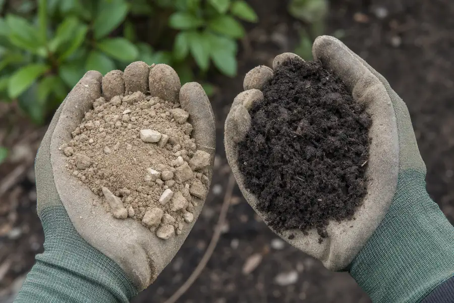 Photo of a soil comparison in two work-gloved hands: left hand holding pale compactable fill dirt with small stones, right hand holding dark crumbly screened topsoil, blurred garden background, soft daylight, the quality difference readable at a glance for a cost article