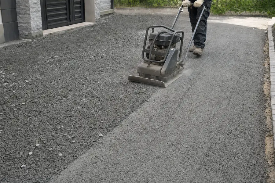 Photo of a vibrating plate compactor passing over a fresh lift of crusher run on a residential driveway: visible compaction line where the loose dusty material becomes a tight bound surface, operator's boots and gloved hands on the handle, light dust rising, late-morning sun, authentic working detail