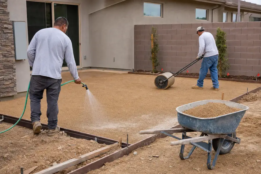 Step-by-step action photo of a DG patio under construction: one worker misting a screeded layer of decomposed granite with a garden hose while another follows with a heavy roller compactor, string lines and stakes still in place, wheelbarrow of DG waiting, bright midday light, clear instructional value