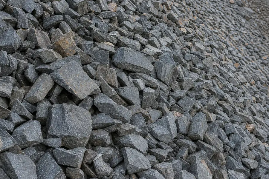Angular grey crushed stone on a slope, interlocked and holding position