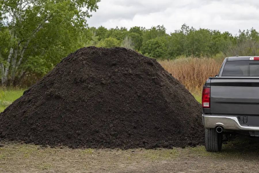 Large topsoil pile roughly twelve feet wide beside a pickup truck for scale