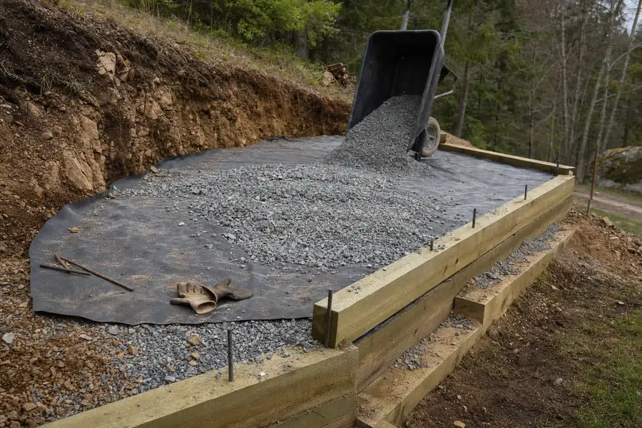 Photo of a shed pad build in progress on a gentle slope: the uphill side excavated and the downhill side built up with a stepped timber frame, landscape fabric visible beneath the first lift of crusher run, a wheelbarrow tipping the next load, work gloves and stakes scattered, honest DIY-weekend energy